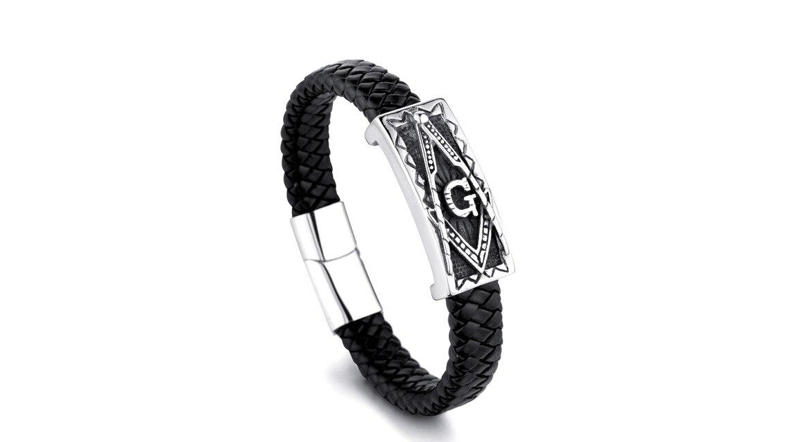 ashes jewellery men's leather and steel 20 cm freemasons bracelet memorial urn