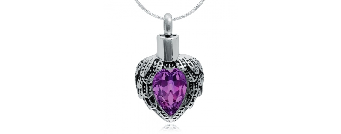 ashes jewellery stainless steel purple heart with wings necklace memorial urn